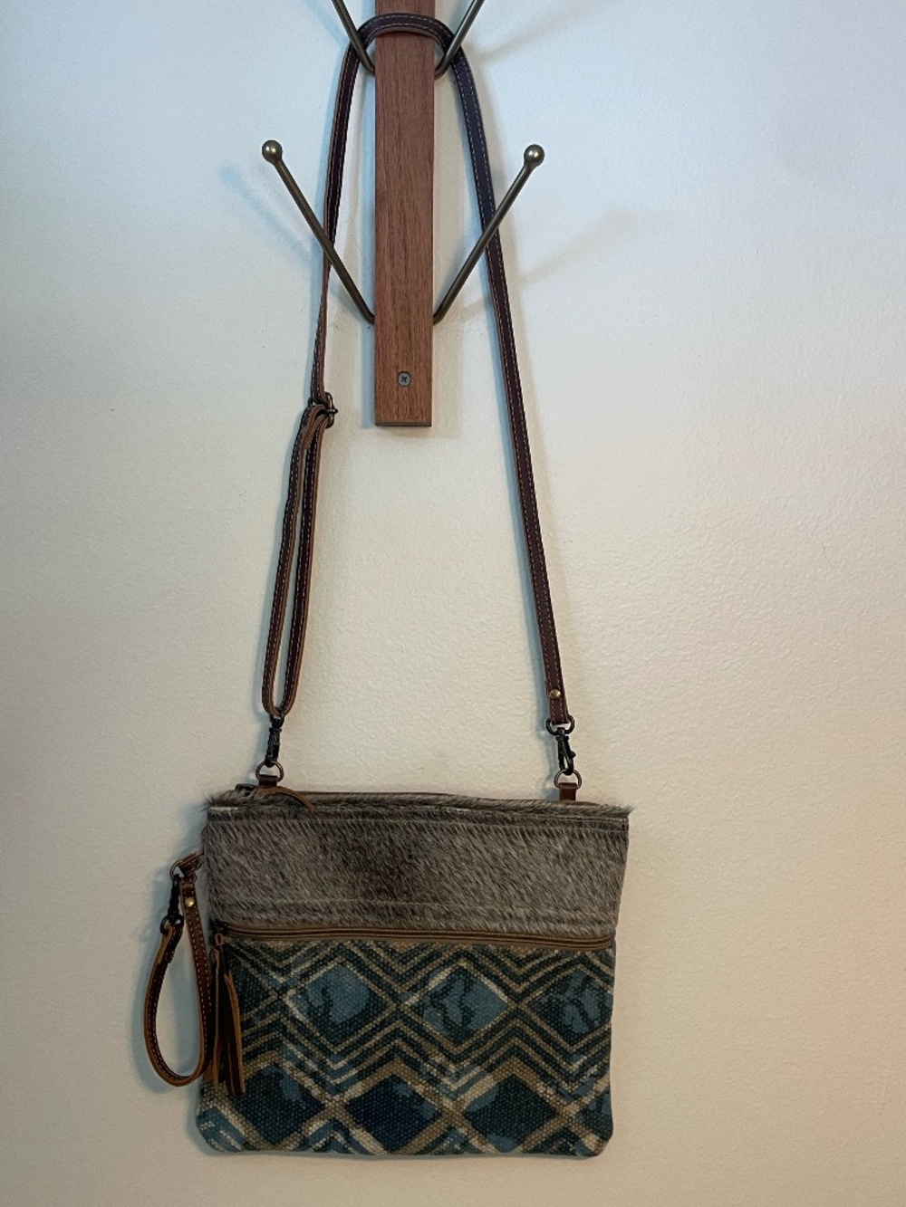 Myra Crossbody Bag with Cowhide Panel Geometric Canvas Leather Strap